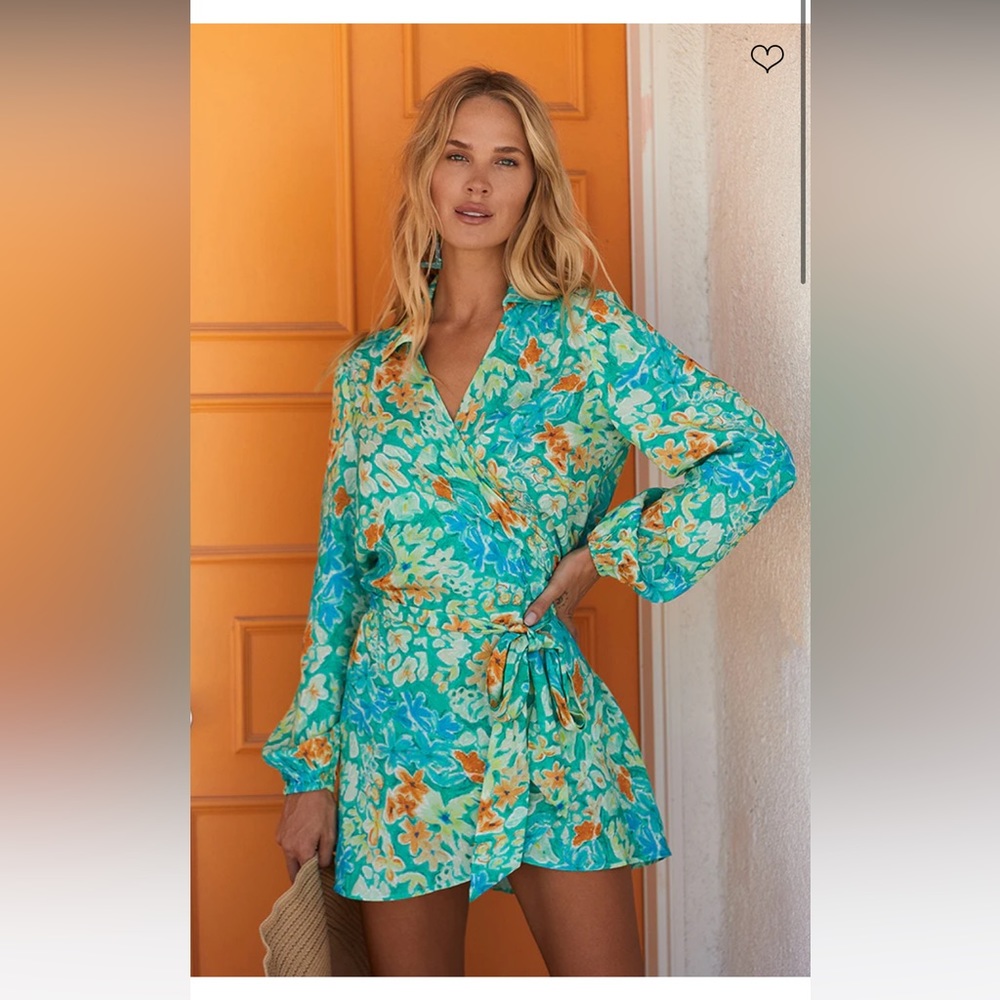 Le Salty Label size Small Bianca print wrap play dress green blue